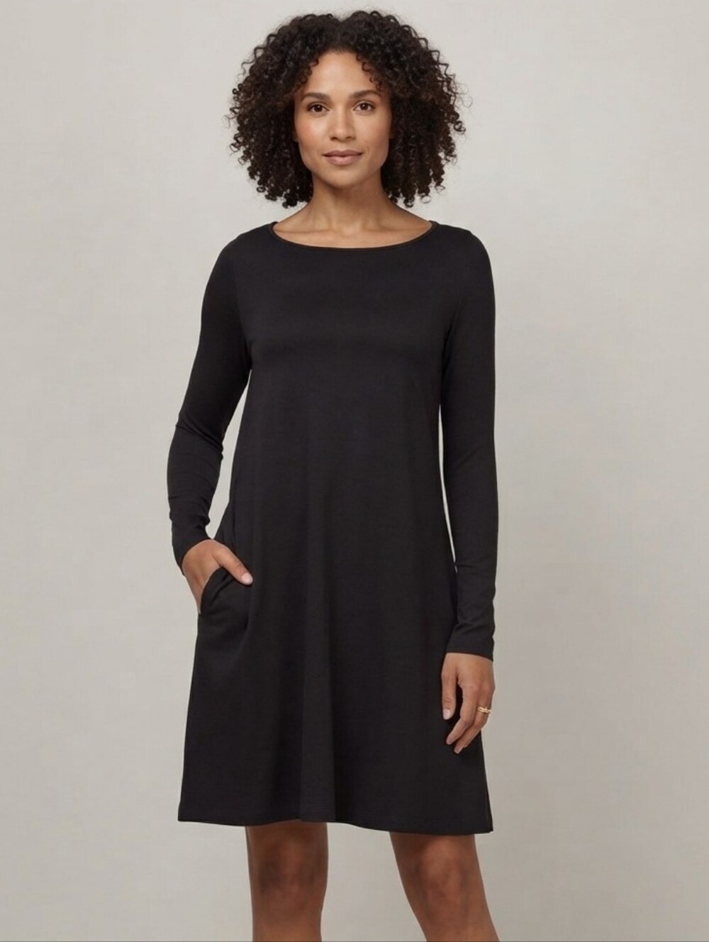 Wool& Rowena Black Merino Wool Long Sleeve Swing Dress Travel Casual Size L